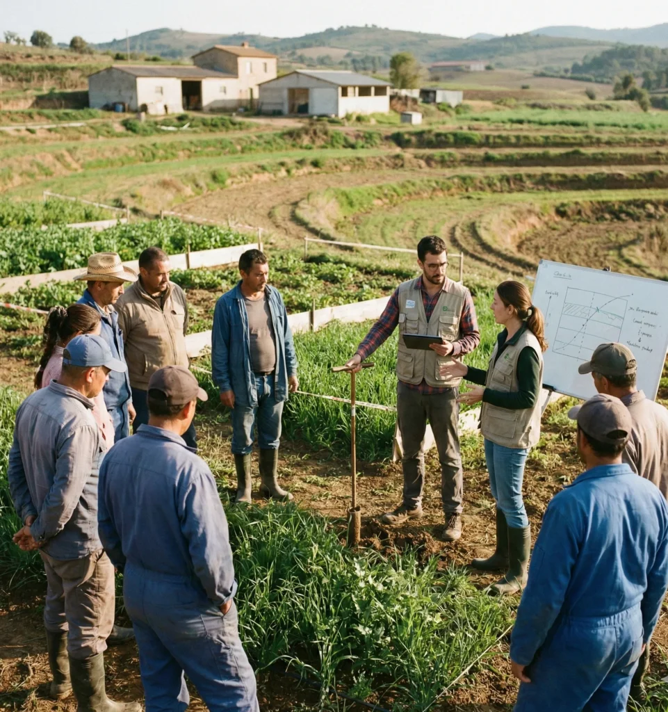 Community engagement: researchers training farmers in field techniques