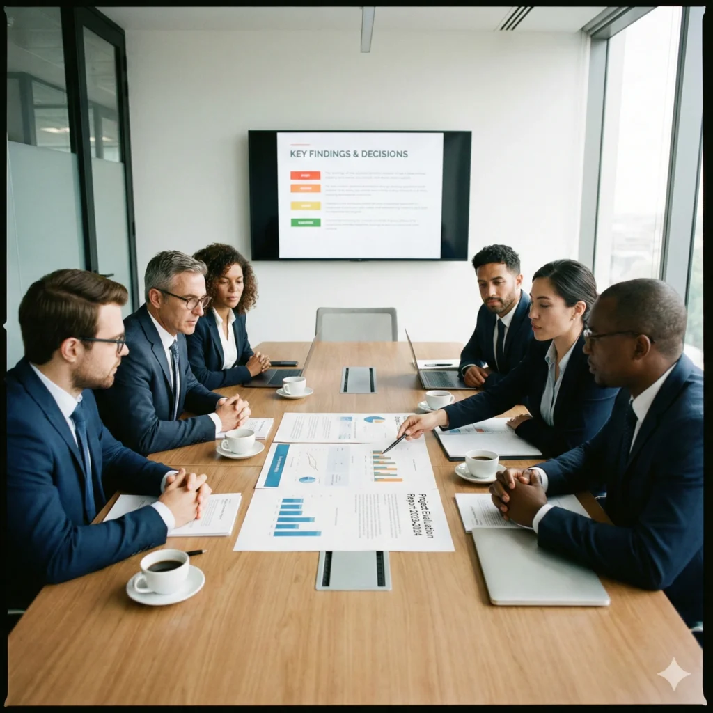 Stakeholders reviewing evaluation findings and project performance